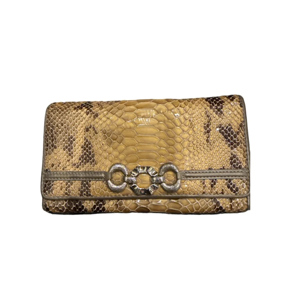 Brighton Seven Large Wallet Beige Brown Snakeskin Metallic Bronze Gently Used RF